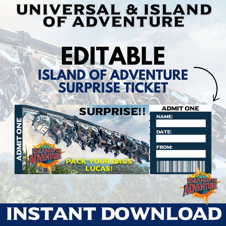 Universal tickets, Islands of Adventure tickets, Universal Studios trip, Theme park reveal, Editable Universal tickets, Custom theme park tickets, Universal party invite, Islands of Adventure trip reveal, Universal park tickets