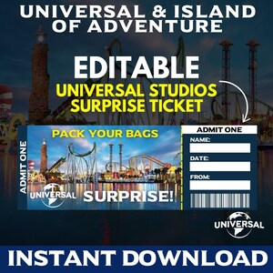 Universal tickets, Islands of Adventure tickets, Universal Studios trip, Theme park reveal, Editable Universal tickets, Custom theme park tickets, Universal party invite, Islands of Adventure trip reveal, Universal park tickets