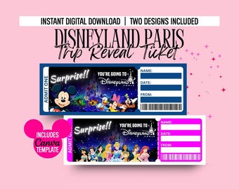 Plantilla de boleto sorpresa para viaje a Disney, boleto sorpresa para Disneyland París, descarga editable en Canva