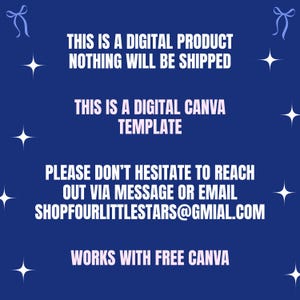 May include: A digital product announcement on a dark blue background with white text. The text includes phrases like "THIS IS A DIGITAL PRODUCT" and "THIS IS A DIGITAL CANVA TEMPLATE". Decorative elements include white stars and bows.