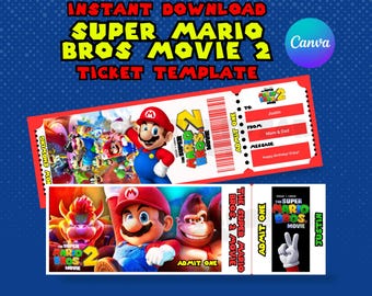 Mario Movie Ticket Template, Editable Canva Printable (Digital Download), Family movie Night