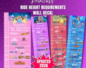 Theme Park Princess Ride Height Requirement Chart, Personalized Growth Tracker, Vinyl Wall Decal, ride height growth chart