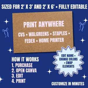 May include: A brown rectangular graphic with the text "PRINT ANYWHERE" and the names of several print services. The graphic also includes instructions on how to customize and print the design, with the text "HOW IT WORKS" and "CUSTOMIZE IN MINUTES".