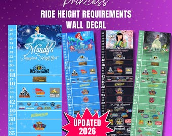 Theme Park Princess Ride Height Chart Wall Decal, Personalized Growth Tracker