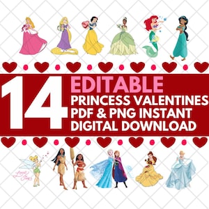 Printable Princess Valentines Downloads, Disney Princess Valentines Download, Valentine&#39;s Day Digital Downloads, Digital Art Files, PDF SVG