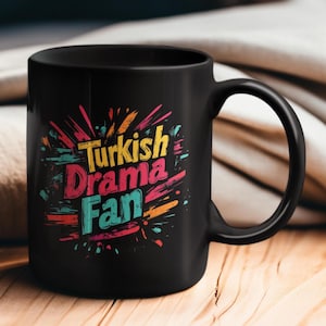Turkish Drama Fan Black Ceramic Coffee Mug | Rainbow Typography Gift for Dizi Lovers | Cute Tea Cup for Turks | Best Turkey TV Series Gifts