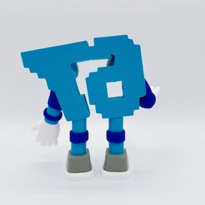 May include: A blue, pixelated number 6 figure with arms, legs, and white gloves. The figure has a light blue body, dark blue arms and legs, and gray and white shoes. The figure is standing on a white surface.