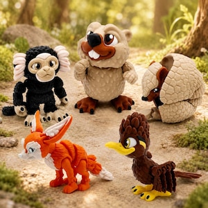 Peut inclure: Un ensemble de cinq petites figurines d'animaux comprenant un singe noir aux touffes d'oreilles blanches, un castor beige, un tatou beige, un renard orange aux grandes oreilles et un oiseau brun au bec et aux pattes jaunes sur une surface texturée.