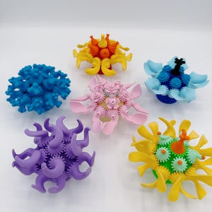 May include: Six brightly coloured, abstract 3D-printed sculptures. The sculptures display a variety of shapes and colours, including blue, yellow, pink, purple, and green. Each sculpture has a unique design, some resembling flowers or organic forms.