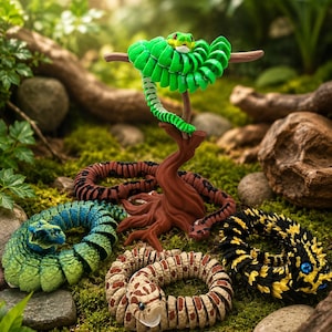 May include: A collection of five articulated snake figurines in various colors and patterns, including a bright green snake coiled on a brown tree branch stand, and four other snakes in blue, red, brown, and black-yellow resting on the ground.