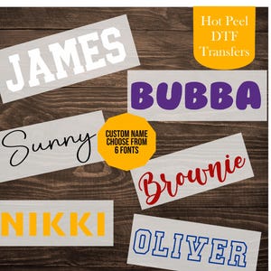 May include: Six rectangular Hot Peel DTF transfers featuring custom names in various fonts and colors. The names displayed are JAMES in white, BUBBA in purple, Sunny in black, Brownie in red, NIKKI in yellow, and OLIVER in blue outline.