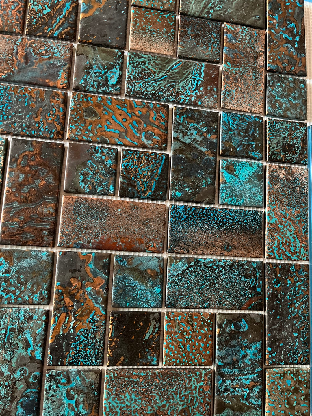 Copper Tile Kitchen Backsplash Mural With Optional Glass Frame in Blue