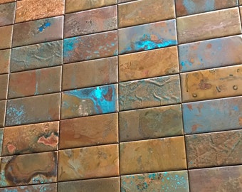 3”x6” Copper Subway Tile LIMITED EDITION Mix of Color & Texture w/ Aqua and Natural Patina by TILEZE #41924 For Backsplash, Splashback, Bar