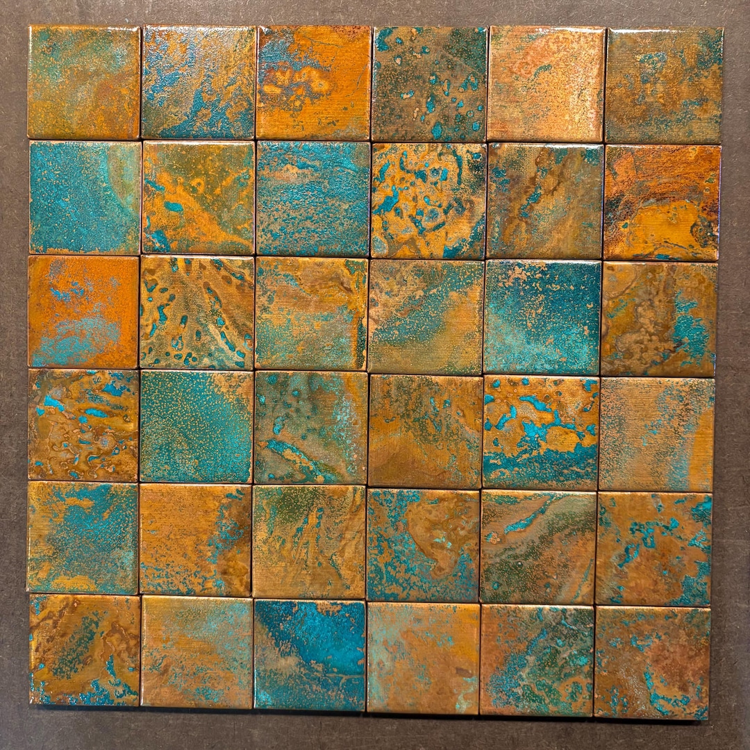 RUSTED MOON Patina Copper Tile Backsplash or Accent Liner in