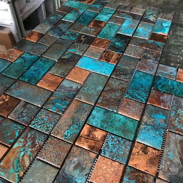 4”x12” Galactic Metallic Copper Tile Kitchen Backsplash Border with Multi Dark Patina for Kitchen, Bathroom by TILEZE