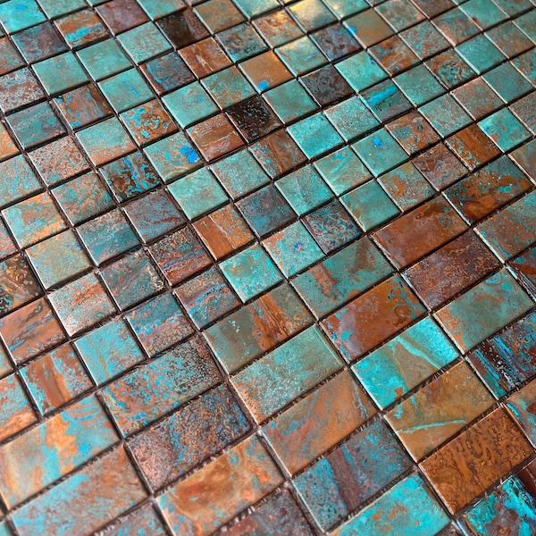 RUSTED MOON Patina Copper Tile Backsplash or Accent Liner in Turquoise, Aqua, Blue for Kitchen, Bathroom, Bar; Ocean Cottage Vibe by TILEZE