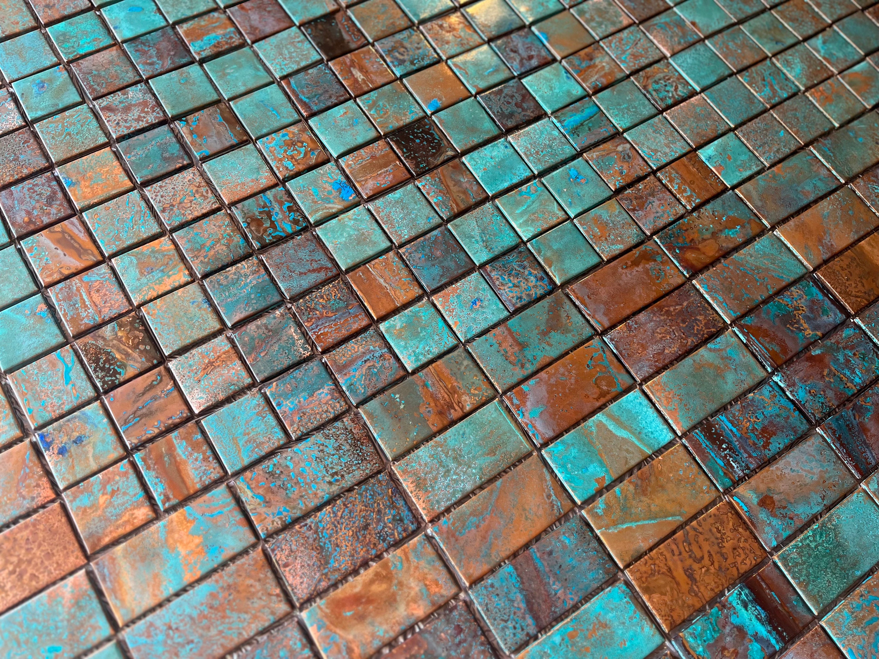 RUSTED MOON Patina Copper Tile Backsplash or Accent Liner in Turquoise, Aqua, Blue for Kitchen, Bathroom, Bar; Ocean Cottage Vibe by TILEZE