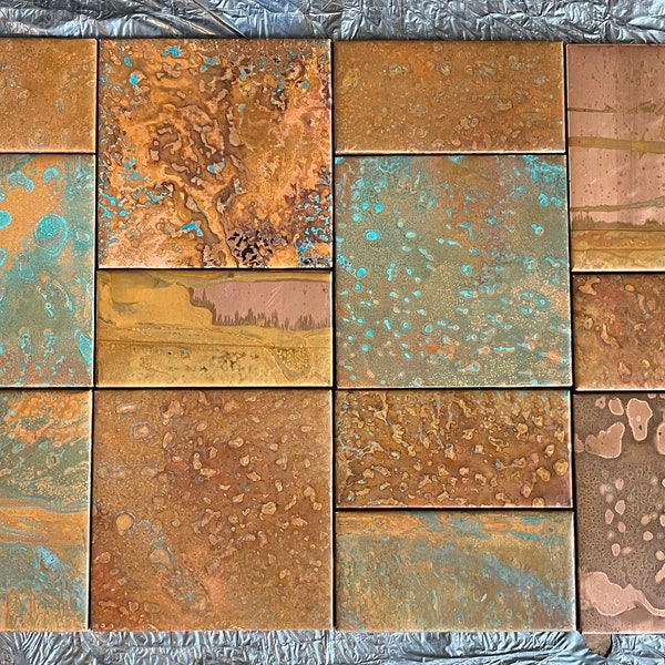 Set of Copper Tiles for Kitchen Backsplash Accent Wall One of a Kind Patina by TILEZE