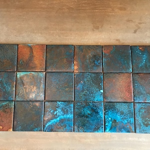 4”x4” Genuine Copper Tiles with Dark Aqua Patina for Kitchen Backsplash or Accent Wall Small Lot 61625 by TILEZE