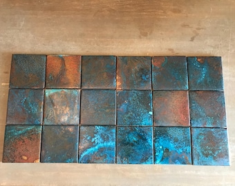 4”x4” Genuine Copper Tiles with Dark Aqua Patina for Kitchen Backsplash or Accent Wall Small Lot 61625 by TILEZE
