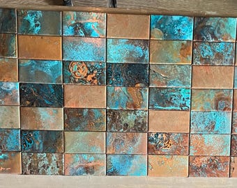 3”x6” Copper Subway Tile LIMITED EDITION Mix of Color & Texture w/ Blue and Natural Patina by TILEZE #42125/Patchwork