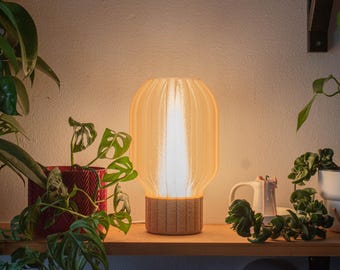 May include: An illuminated amber table lamp with a ribbed glass shade and a textured base. The lamp is on a wooden shelf, with potted plants on either side. The warm light creates a cosy atmosphere in the room.