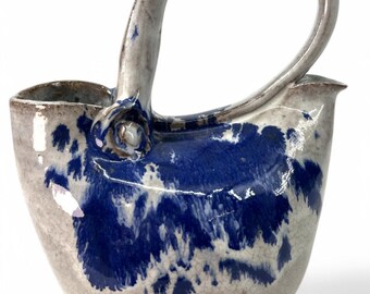 Vintage Oregon Pottery Blue Spongeware Pitcher Creamer Handle Vase Decor Handbag