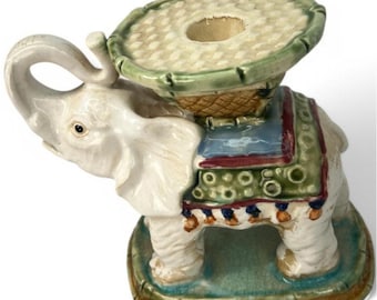 Vintage Handmade Ceramic Elephant Candle Holder Statue Hand Painted  Signed