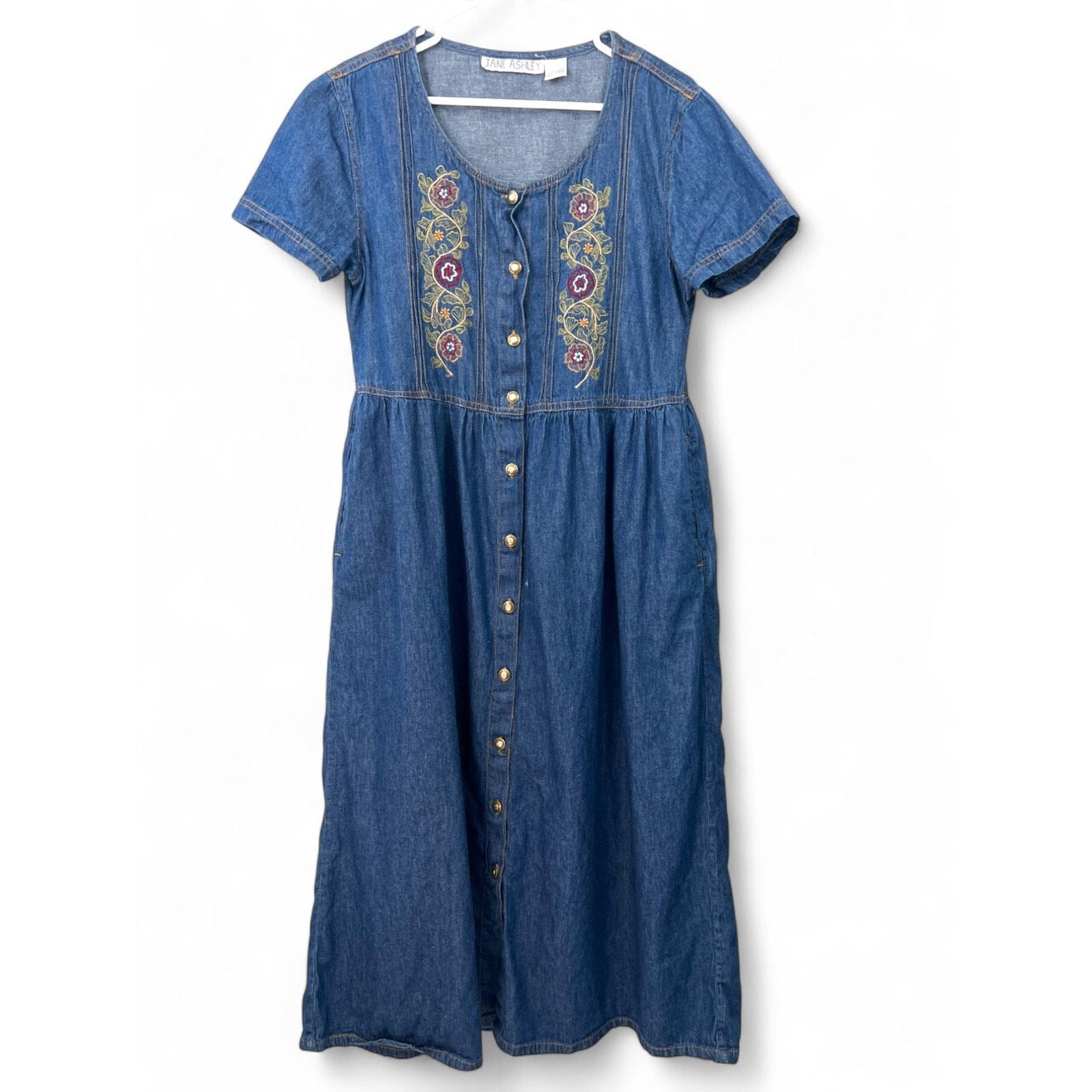 jane ashley denim dress Vintage 90's | M | Jean Embroidered Midi Women's Embroidered denim Color:Soft Navy formal gown long Women's Short Sleeve Midi
