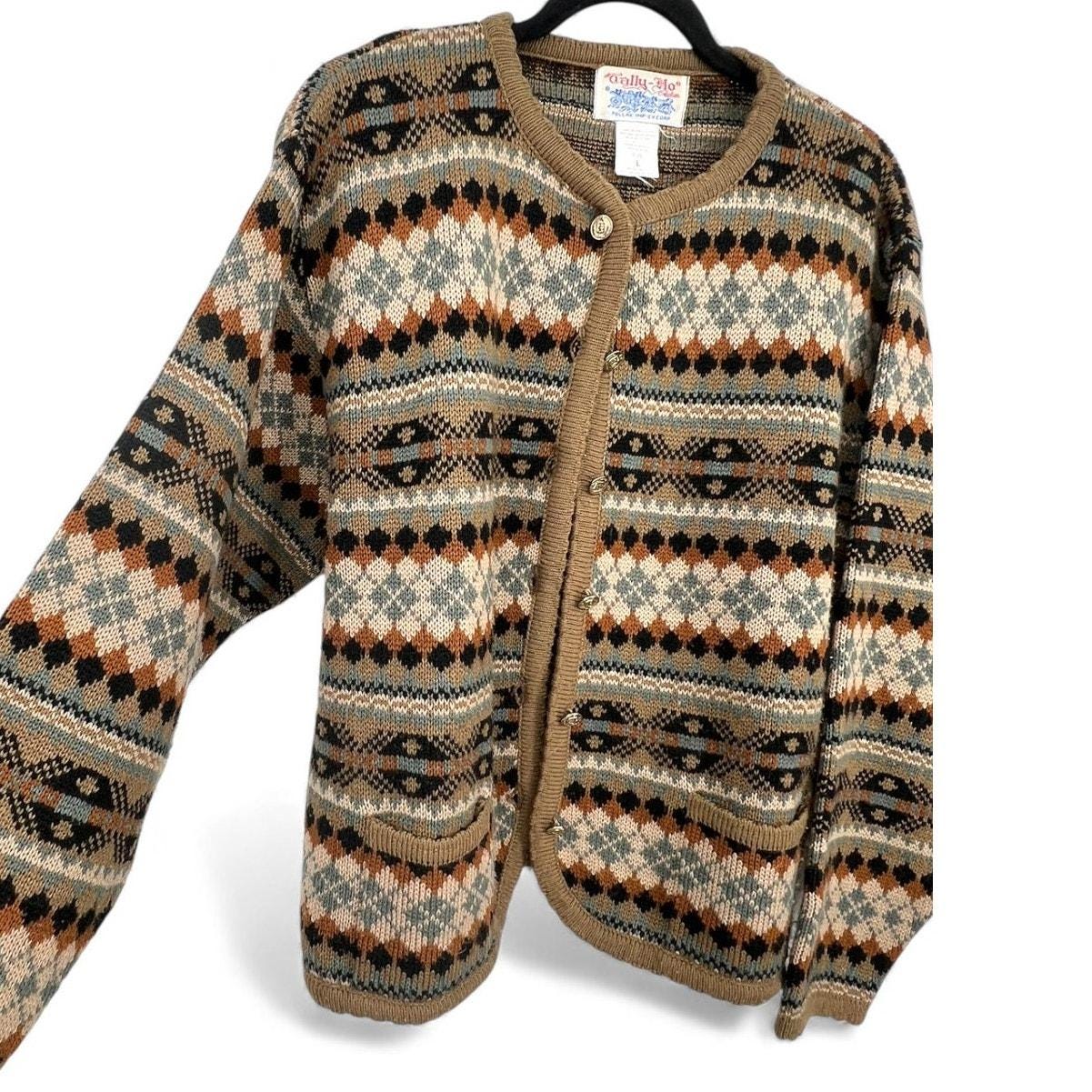 Tally-Ho Vintage L Aztec print cardigan wool blend Cardigan Knit 70's Womens