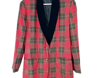 Vintage 90's Anne Klein 10 Blazer Jacket Plaid Velvet Holidays Lauren Christmas