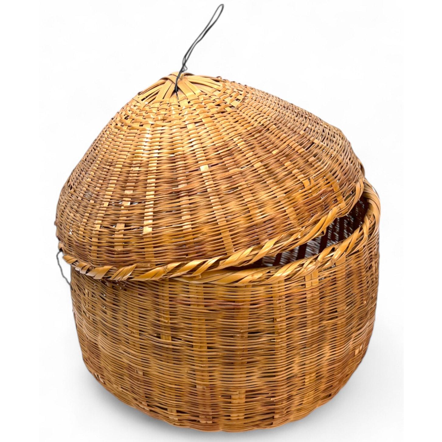 アンティークヴィンテージ竹編み籐バスケット（取り外し可能な蓋