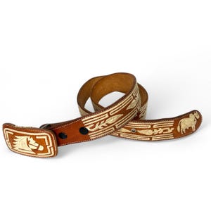 Vintage 70&#39;s Leather Embroidered Belt Horse Buckle Western Belt 42&quot; Equestrian