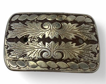 Vintage Western Engraved Silver Tone Belt Buckle 3&quot;X 2&quot; Unisex Scroll