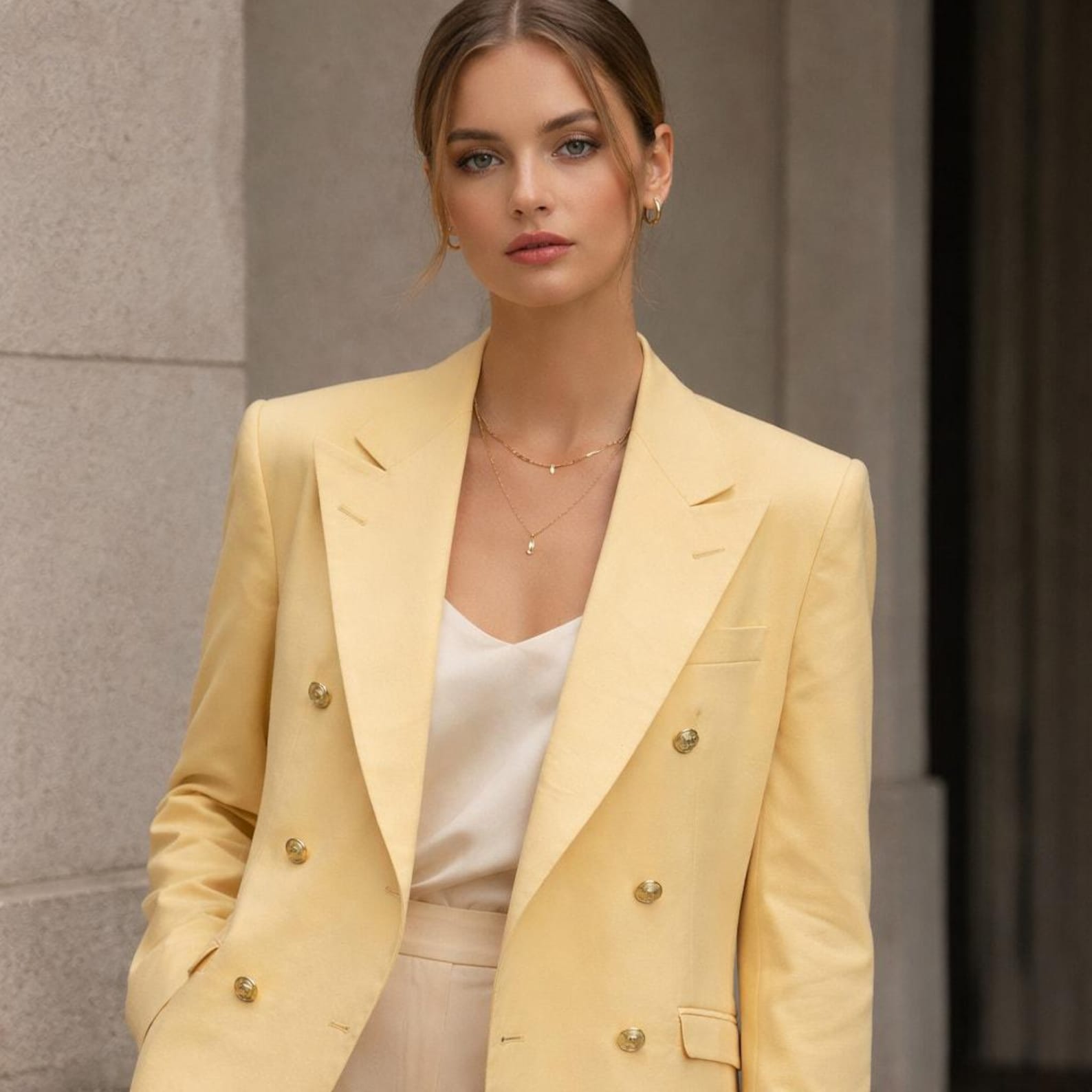 Burberry's vintage '70s L Butter Yellow Gold Button Double Breasted Wool Blazer