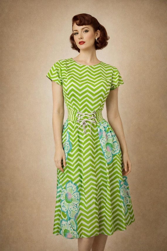 green groovy dress VINTAGE 60'S S Mod Lime Floral Midi Coreset Waist Retro Sage green