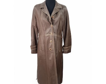 Vintage 70's Leda Spain Women's Leather Trench Coat Jacket Midi Length Brown