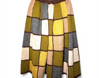 Vintage Mid Century S-M Knit Sweater Skirt Fit Flare Midi Patchwork Checked MCM