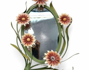 Vintage 60&#39;s Mirror Hanging Floral Metal Shabby Chip Daily Flowers Wall Decor