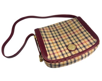 Vintage 70's Daks London Tartan House Check Shoulder Bag Crossbody Purse Brass