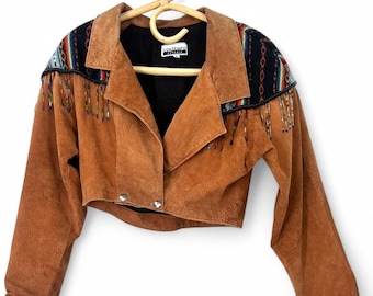 Vintage 70's | S | Fringe Jacket Suede Cropped Western Beaded Navaho Blazer