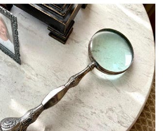 Vintage 1900's magnifying glass ornate silver large 12" Victorian Art Nouveau