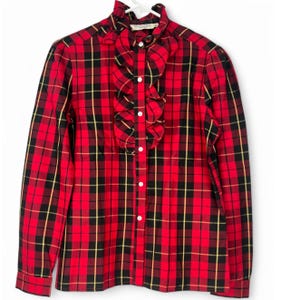 Vintage Oscar de la Renta 8 Ruffle Button Up Top Blouse Shirt Women Plaid