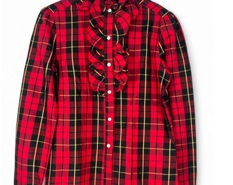 Vintage Oscar de la Renta 8 Ruffle Button Up Top Blouse Shirt Women Plaid