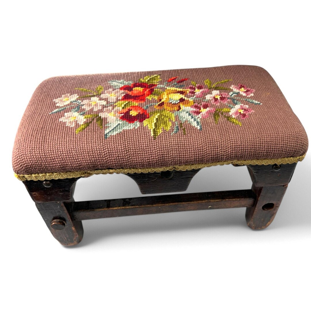 Antique Vintage Needlepoint Foot Stool Ottoman Floral Design Wooden ...