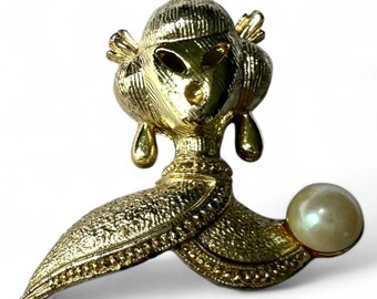 Vintage MCM Mid Century Gold Tone Asian Geisha Women Hair Pins Brooch Pearl