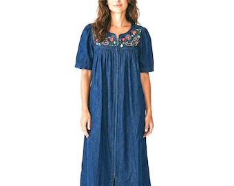 Vintage Go Softly S Patio Denim Embroidered Dress Cottagecore, loungewear muumuu