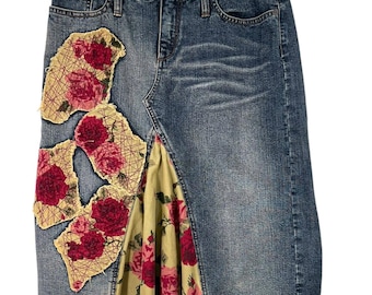 Vintage Y2K 90's Express 7/8 Denim Skirt Corduroy Floral Patches Ruffle Low rise