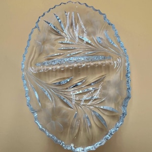 Vintage Anchor Hocking Harvest Wheat Pattern Divided Dish MCM Lead Glass Relish Tray Scalloped Sawtooth Rim Two-Section Server
