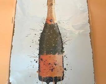 Champagne Bottle Veueve Cliquot Inspired Champagne bottle wall art Splash Watercolor Metal Tin Sign Modern Abstract Wine Art Luxury Bar Cart